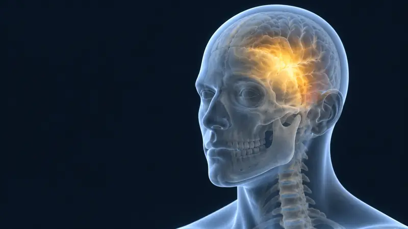 Render médico de una cabeza con la zona de impacto en el cerebro iluminada