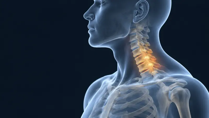 Render médico del cuello con las vértebras cervicales iluminadas
