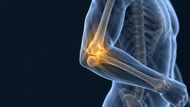 Render médico del brazo con la articulación del codo iluminada