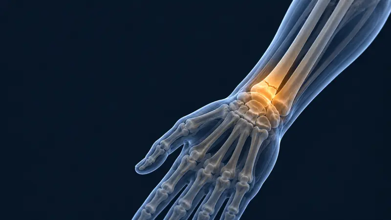 Render médico del antebrazo con la fractura de radio en la muñeca iluminada