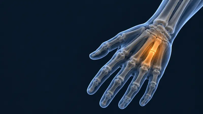 Render médico de la mano con un metacarpiano fracturado iluminado