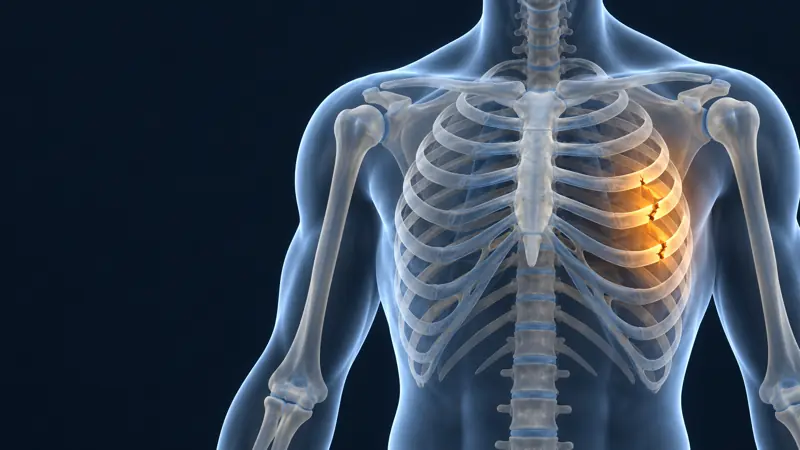 Render médico del tórax con dos costillas fracturadas iluminadas