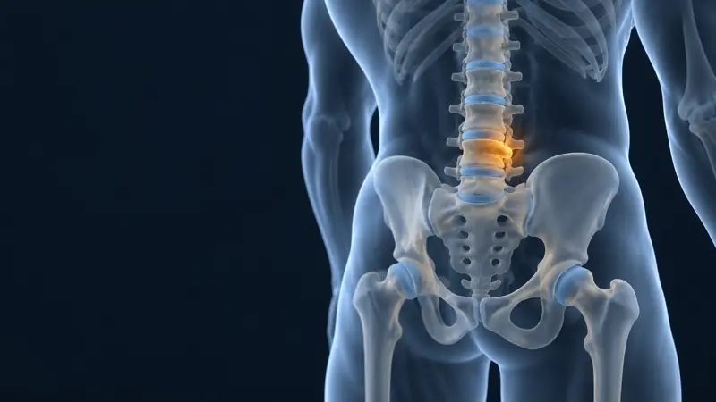Render médico de la espalda baja con un disco lumbar iluminado