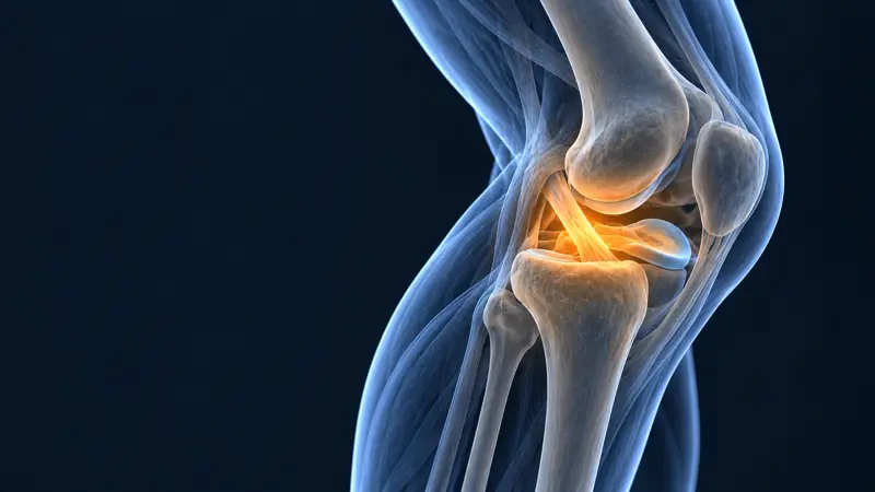 Render médico de la rodilla con los ligamentos iluminados