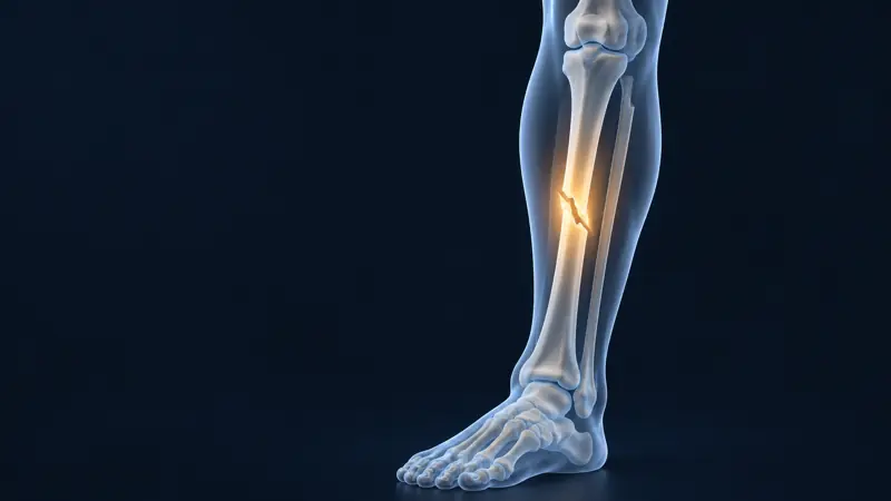 Render médico de la pierna con la tibia fracturada iluminada