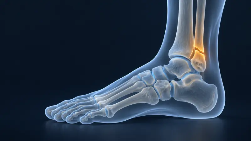 Render médico del tobillo con el maléolo fracturado iluminado